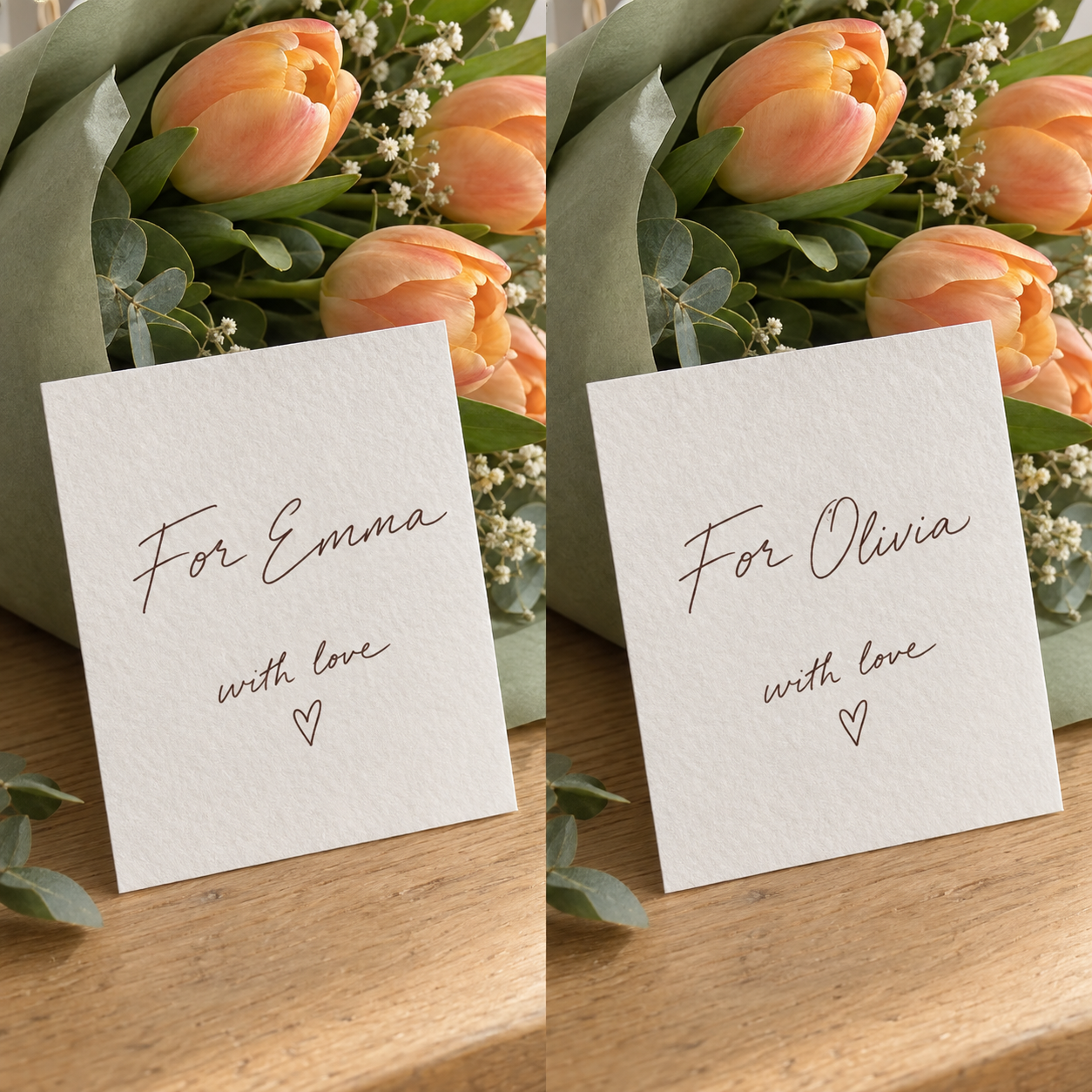 示意对比：花束手写卡片从 For Emma 改为 For Olivia。